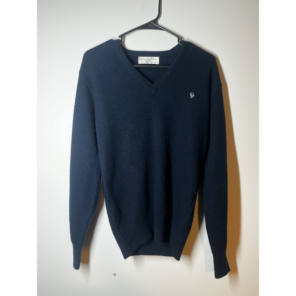 Vintage Christian Dior Monsieur Logo-Embroidered V-Neck Sweater Navy Size M USA